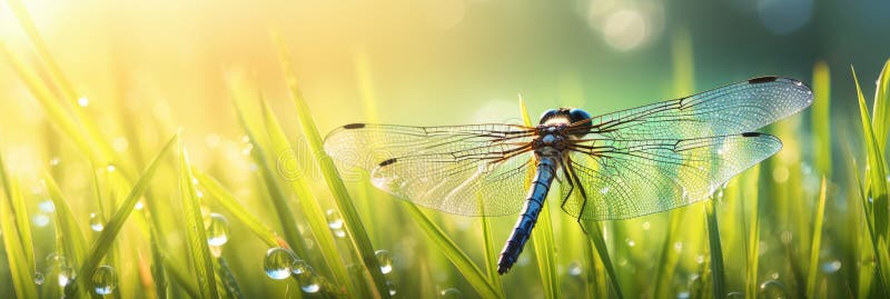 Blue dragonfly on the green grass with dew drops in the morning. Banner 3:1. Blue dragonfly on the green grass with dew drops in the morning. Banner 3:1.