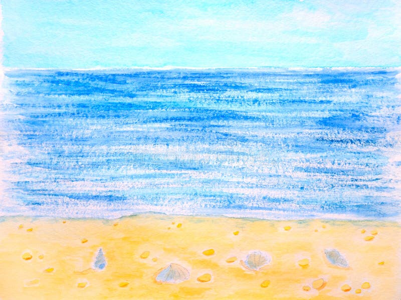 Blauwe overzeese, strand en cockleshell waterverf stock afbeelding Blauwe overzeese, strand en cockleshell waterverf stock afbeelding