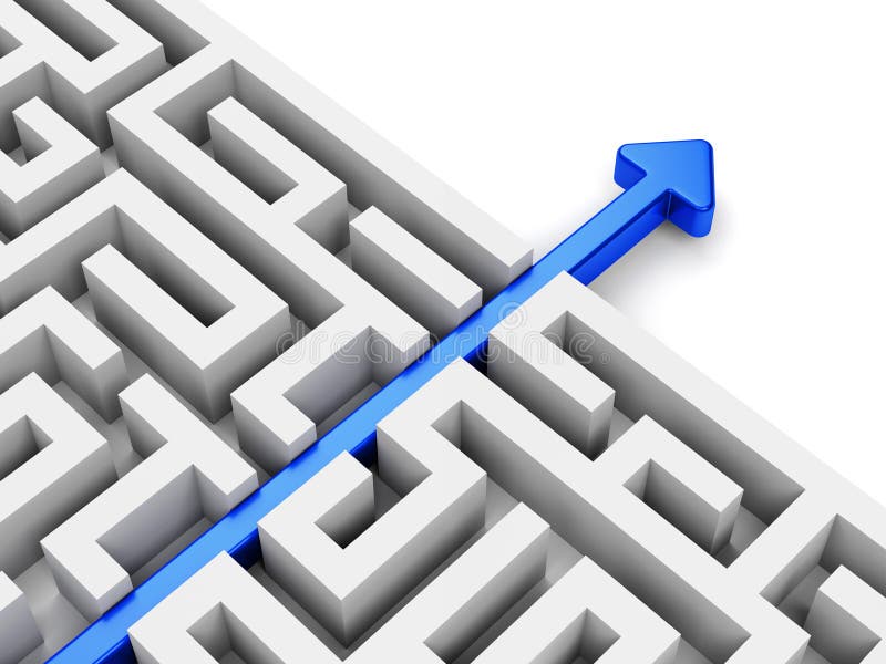 Blauwe pijlpijl door het labyrint stock illustratie