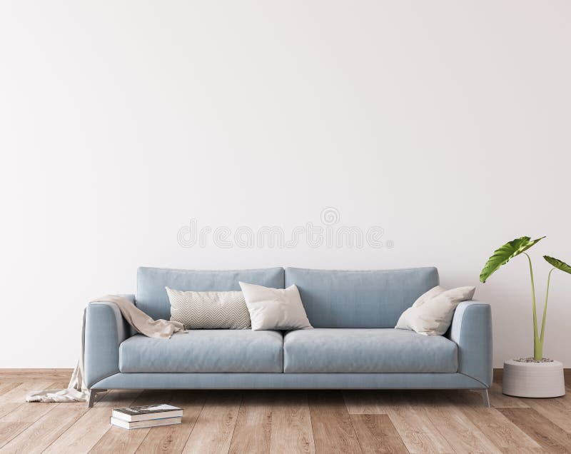 Blauwe sofa in een modern design van een woonkamer, muurmockup