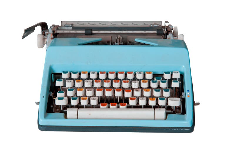 Blauwe, vuile retro typemachine met uitsnijdepad stock afbeelding