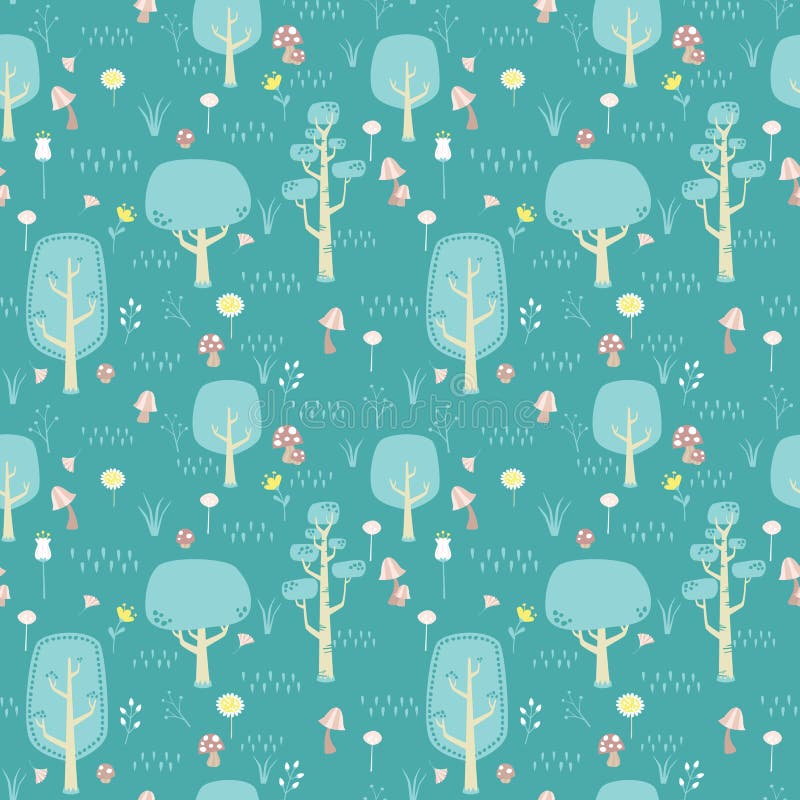 Blauwgroen Bos met Bomen, Paddestoelen en Bloemen Naadloze Patroon Vlakke Vectorillustratie royalty-vrije illustratie Blauwgroen Bos met Bomen, Paddestoelen en Bloemen Naadloze Patroon Vlakke Vectorillustratie royalty-vrije illustratie