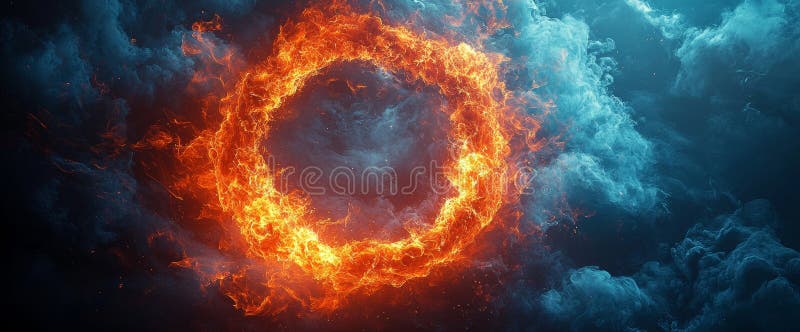 A blazing red and orange circle with flames on a black backdrop, highlighted by a neon light effect and sparks from a vector illustration