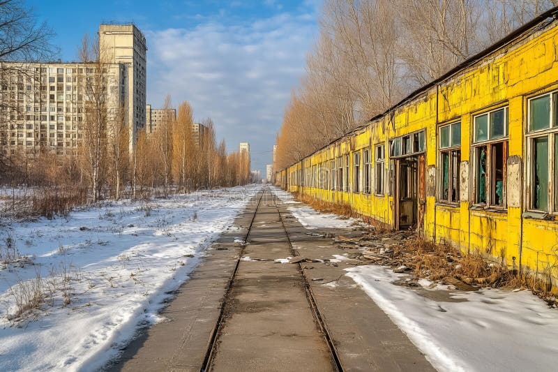 The bleak factory site in Kyiv covered in winter stock images