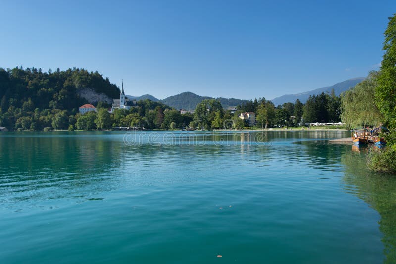 Bled with lake, island and mountains in background, Slovenia stock photography Bled with lake, island and mountains in background, Slovenia stock photography