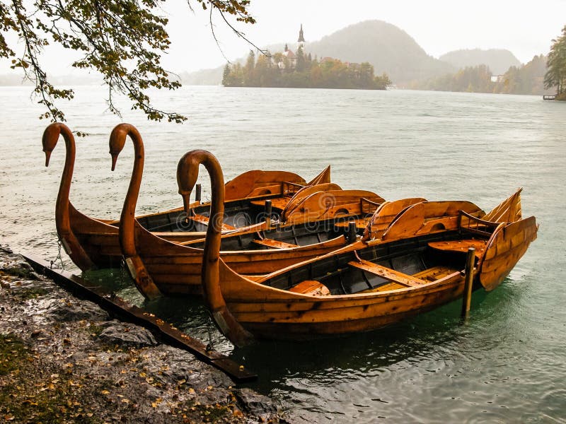 Bled swan boats royalty free stock images