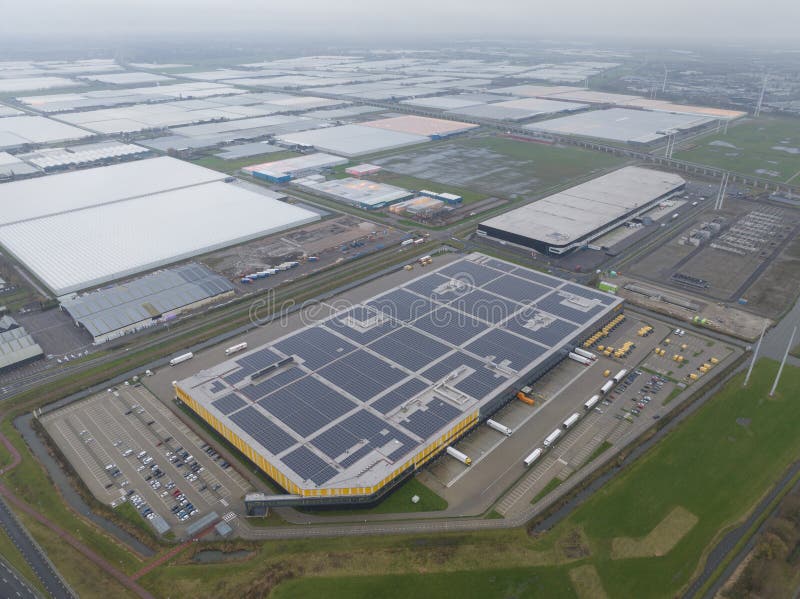 Bleiswijk, Zuid Holland, The Netherlands, December 16th, 2023: Solar panels on top of distribution center to generate