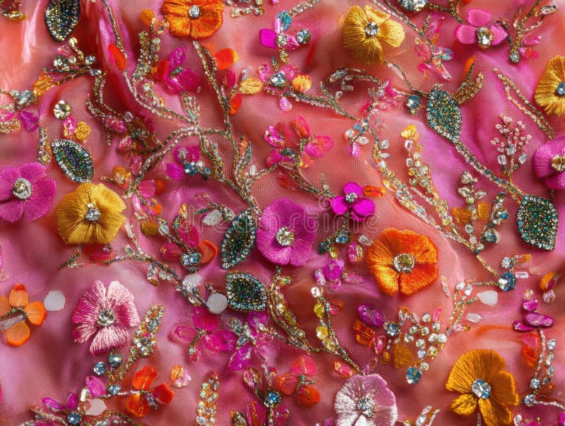 Blekande blomsterbroderier med högteknologiska konst av textilmaterial med begade konturer som visar upp intrikata mönster och sam arkivfoto
