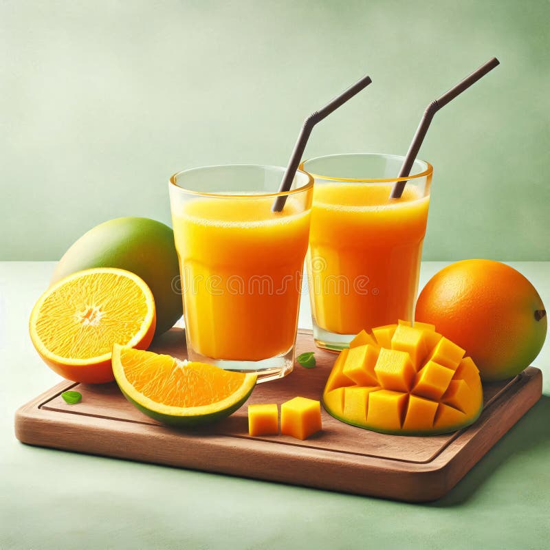 Bleksglasögon för apelsinjuice med mango och orange skivor på en bricka royaltyfri illustrationer