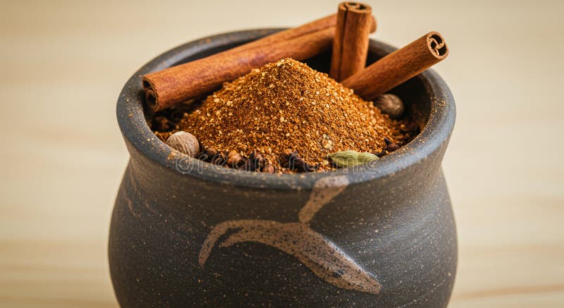 Blend di spezie marroni in una torcia ceramica scura illustrazione di stock