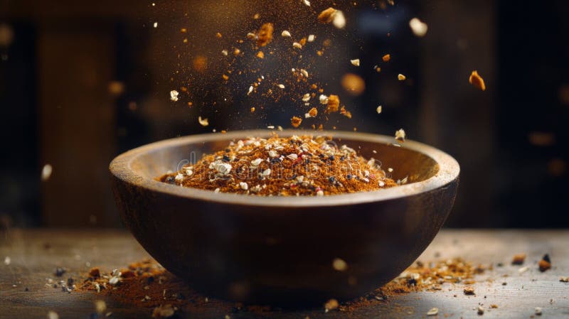 Blend di spezie marroni in Wooden Bowl contro lo sfondo scuro illustrazione vettoriale