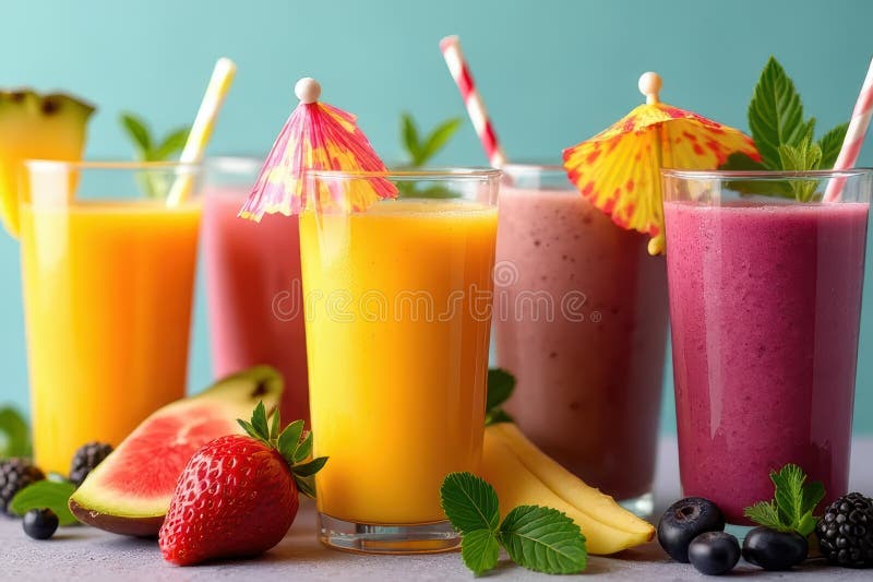 Blended Beverage Showcase: Vibrant Fruit Smoothies stock illustration