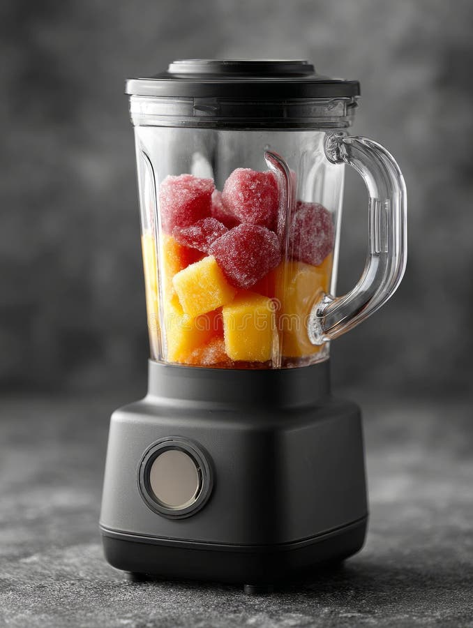 Blender with frozen fruit cubes on a kitchen countertop. stock photography
