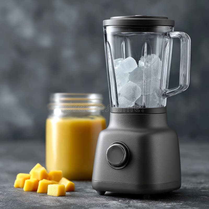 Blender with ice and mango juice on a kitchen counter. royalty free stock photo