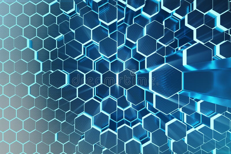 3D illustration Abstract blue of futuristic surface hexagon pattern with light rays. Blue tint hexagonal background. 3D illustration Abstract blue of futuristic surface hexagon pattern with light rays. Blue tint hexagonal background