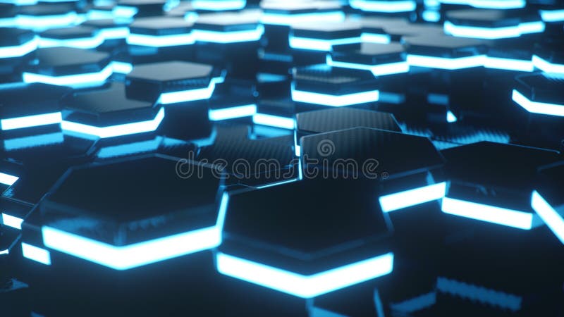 Abstract blue of futuristic surface hexagon pattern with light rays. Blue geometric hexagonal abstract background, 3D illustration. Abstract blue of futuristic surface hexagon pattern with light rays. Blue geometric hexagonal abstract background, 3D illustration