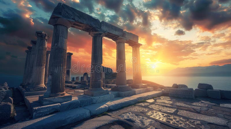 Blick auf antike Tempelruinen bei Sonnenuntergang Überreste alter griechischer Gebäude und Meer auf dramatischen Himmelshintergrun lizenzfreie abbildung