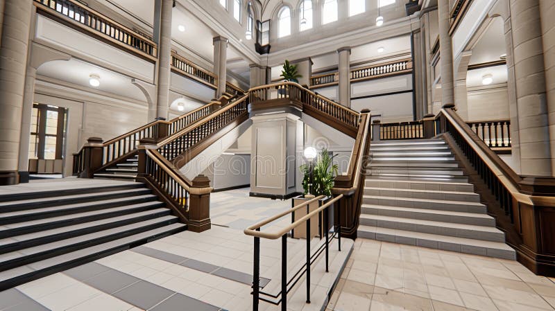 Blick auf eine große Treppe in einem klassischen Gebäude mit aufwändigen Holzgeländern und hellen Böden. stockfotos