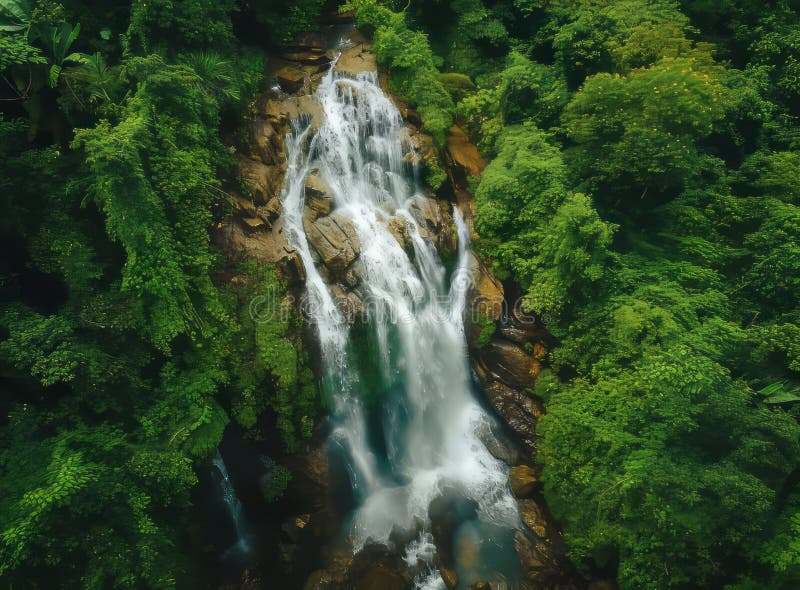 Blick aus der Luft auf einen majestätischen Wasserfall mitten im Grünen des Dschungels. lizenzfreie stockfotografie