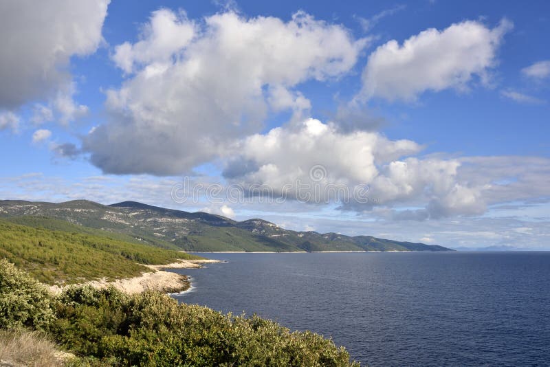 View looking east along the coastline of the south side of the island of Korcula, Croatia. View looking east along the coastline of the south side of the island of Korcula, Croatia.