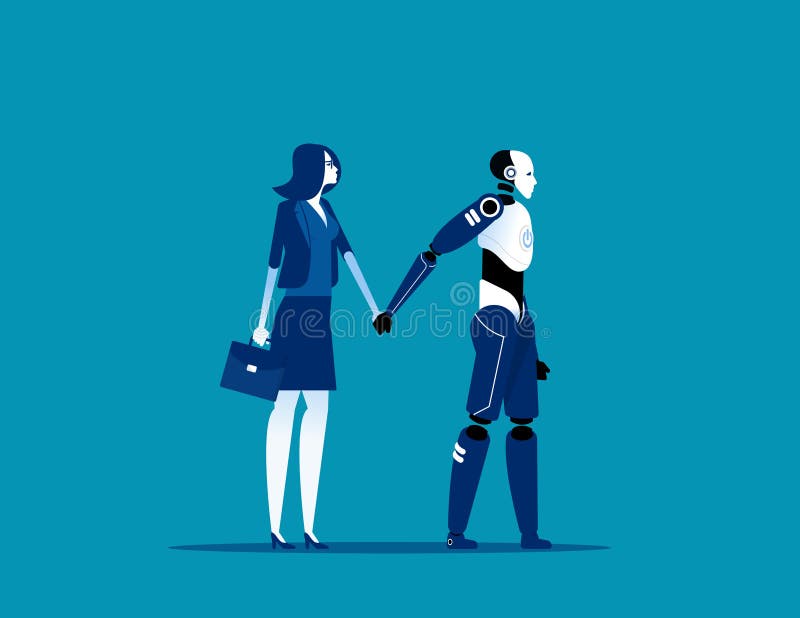 Blind kvinna med hjälpmaskin och styrrobot Koncept för vektorillustration av företagsstyrd teknik, artificiell intelligens. vektor illustrationer
