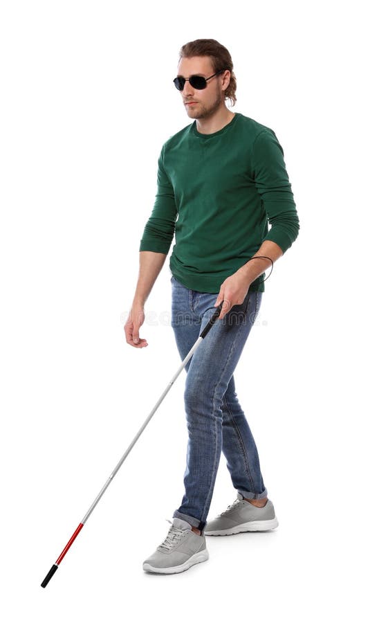 Blind Man in Dark Glasses with Walking Cane on White Stock Photo