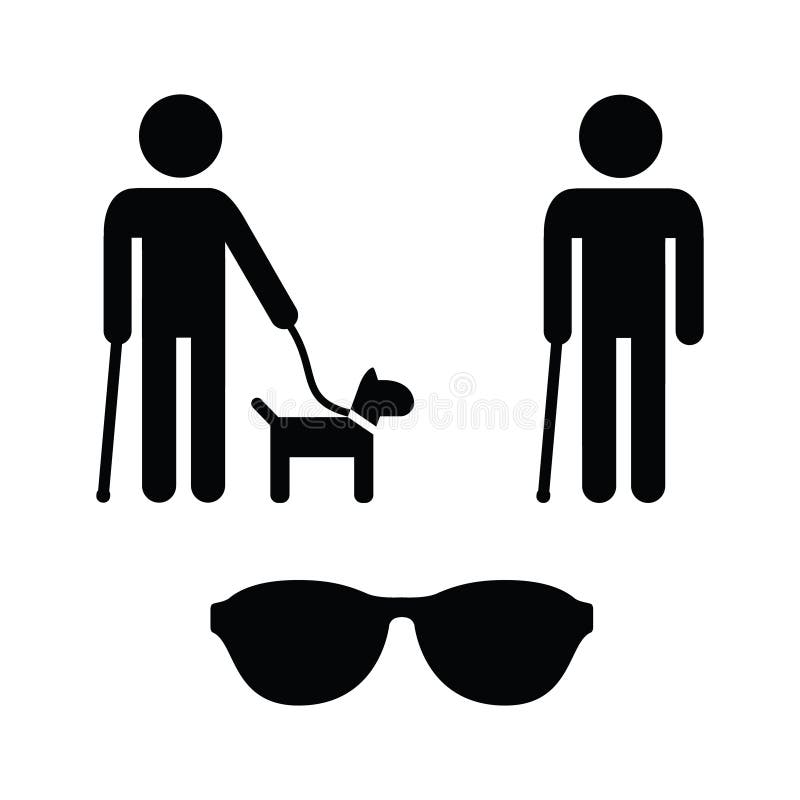 Blind man icons set - with guide dog, cane vector illustration