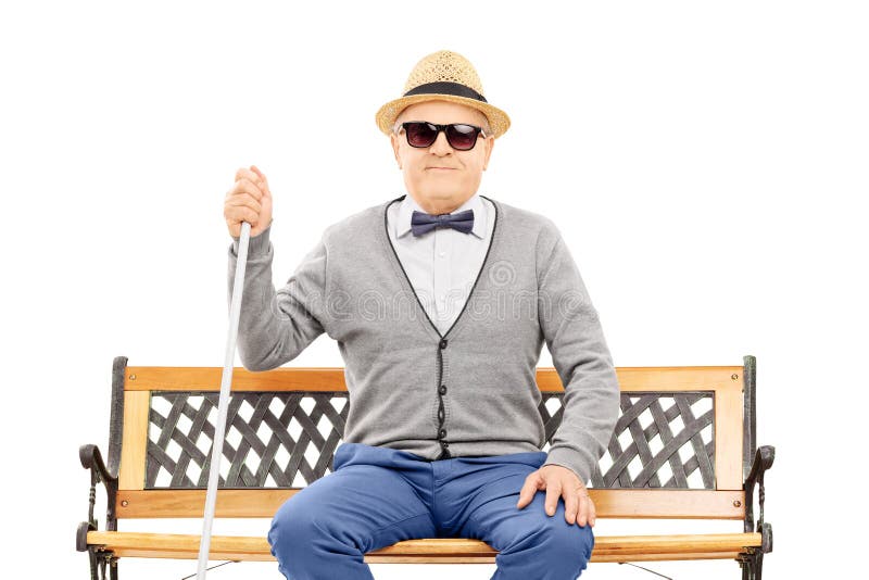 Blind Senior Man Seated on Bench Isolated on White Stock Image Image