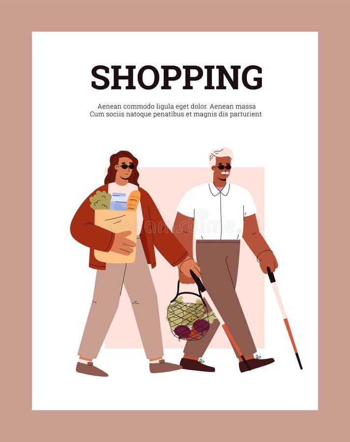 Blind or Visually Impaired People Shopping and Activity Banner, Flat