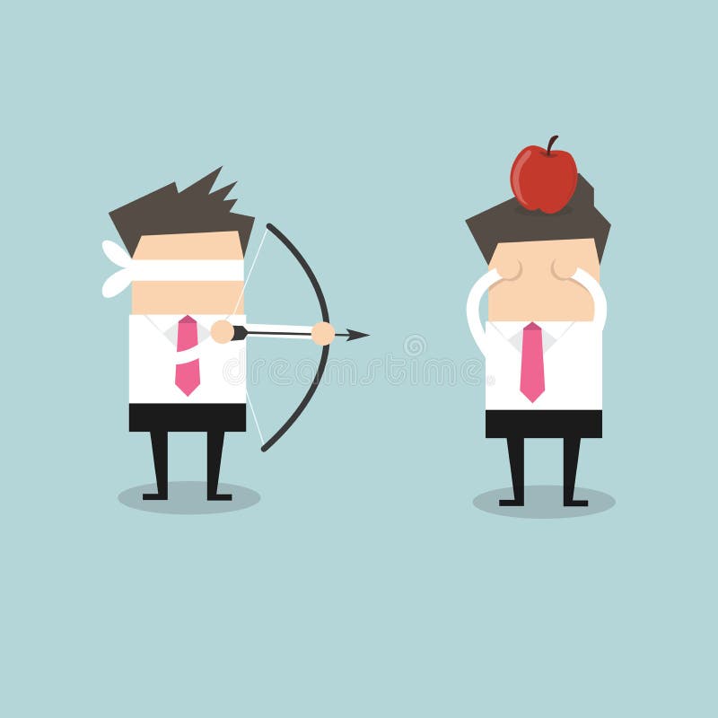 Blinddoekzakenman die bij appel op een ander man hoofd pogen te schieten vector illustratie Blinddoekzakenman die bij appel op een ander man hoofd pogen te schieten vector illustratie