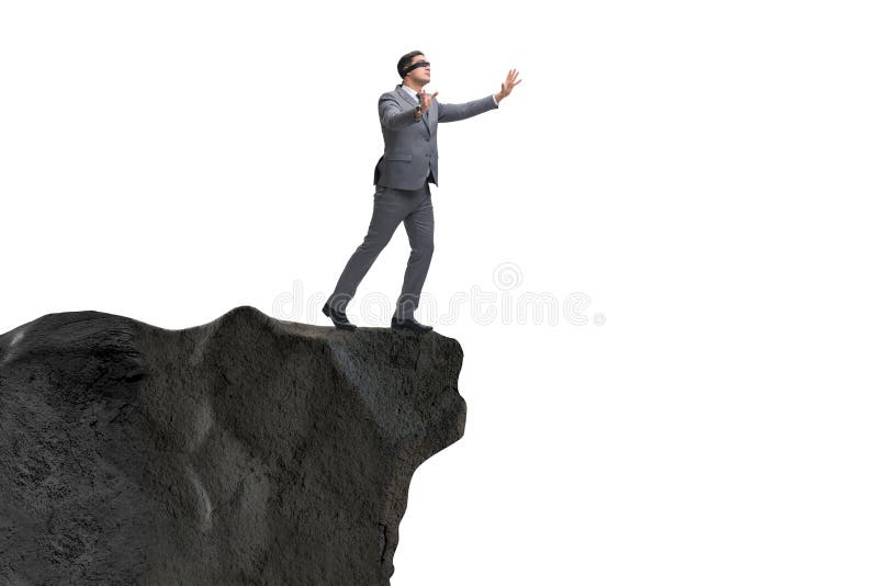 Blindfolded man walking off a cliff, conceptual image - Stock Image -  F034/1696 - Science Photo Library