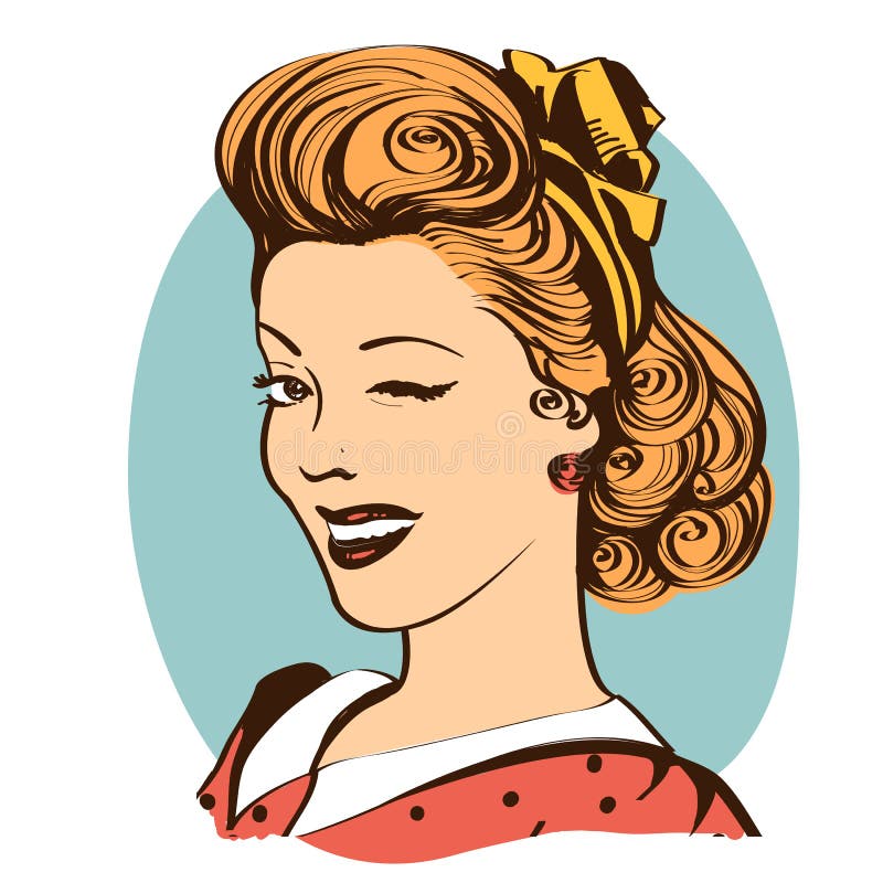 Blinka den unga kvinnan i retro kläder som isoleras på vit royaltyfri illustrationer