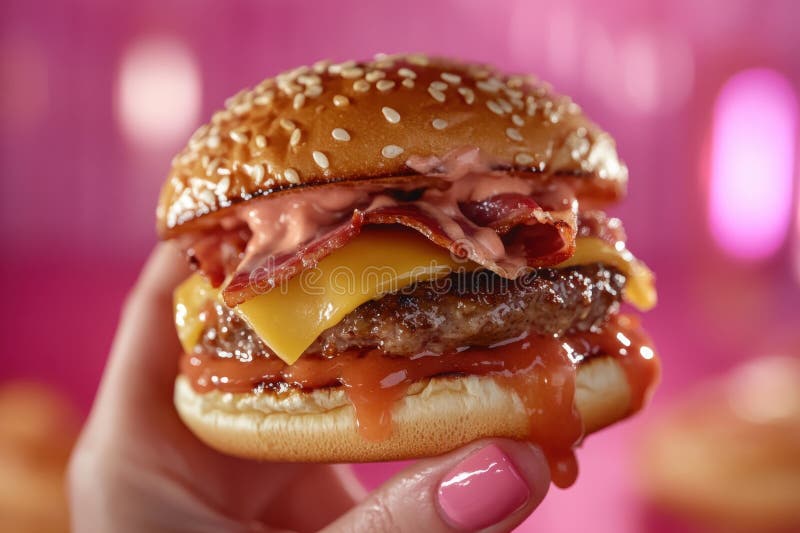 Blisko samicy trzymają hamburgera z warstwami fotogenicznymi. Glosy brioche bun lekko toastowany nasion sezamu ilustracji