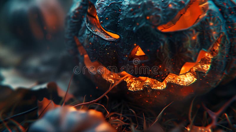 Blisko świecącej wyrzeźbionej dyni halloween z liśćmi wokół podstawy zdjęcie stock
