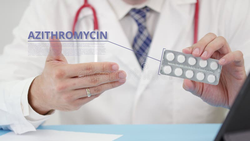 Azithromycin blister pack with tablets in doctor`s hand