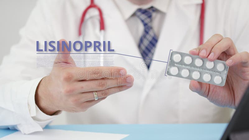 Lisinopril generic drug blister pack with tablets in doctor`s hand
