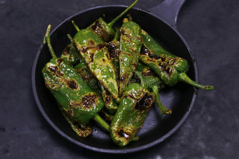 Blistered Padron Peppers, Bar, Pub Bite Food in Close Up Stock Image Image of paprika, padron