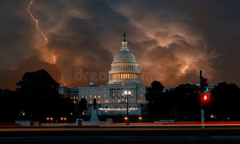 Dramatic clouds on United States Capitol Building in Washington DC USA dark stormy sky with lightnings. Dramatic clouds on United States Capitol Building in Washington DC USA dark stormy sky with lightnings
