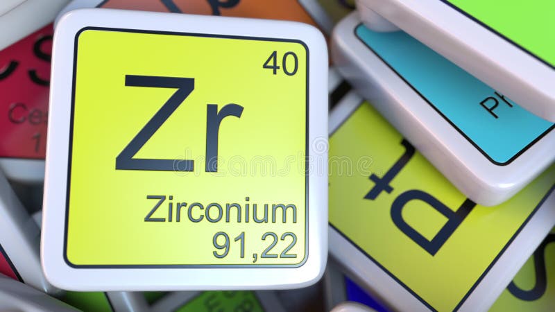 Blocchetto dello Zr dello zirconio sul mucchio della tavola periodica dei blocchetti degli elementi chimici Rappresentazione rela illustrazione di stock