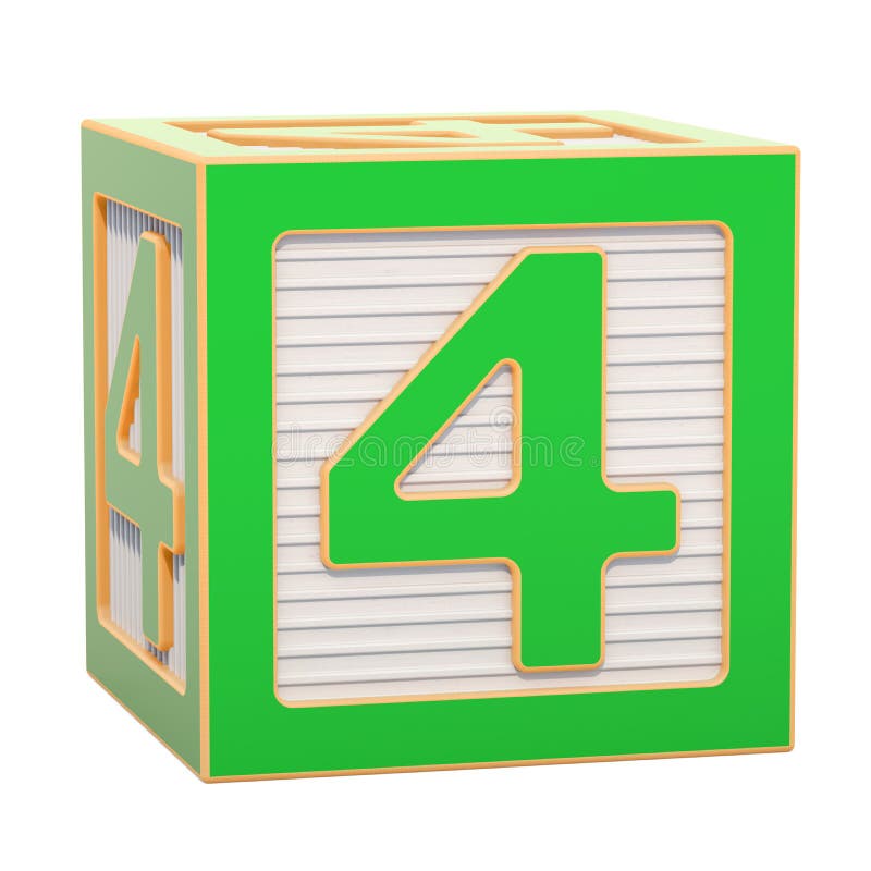 Blocchetto di legno di alfabeto di ABC con il numero 4, rappresentazione 3D