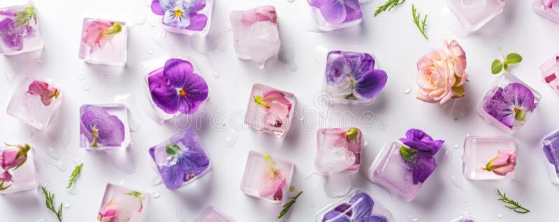 Blocchi di ghiaccio floreali sulla superficie bianca illustrazione di stock