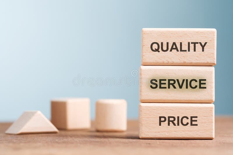 Quality, Service and Price text on stack wood blocks, low price and high quality of service concept. Quality, Service and Price text on stack wood blocks, low price and high quality of service concept