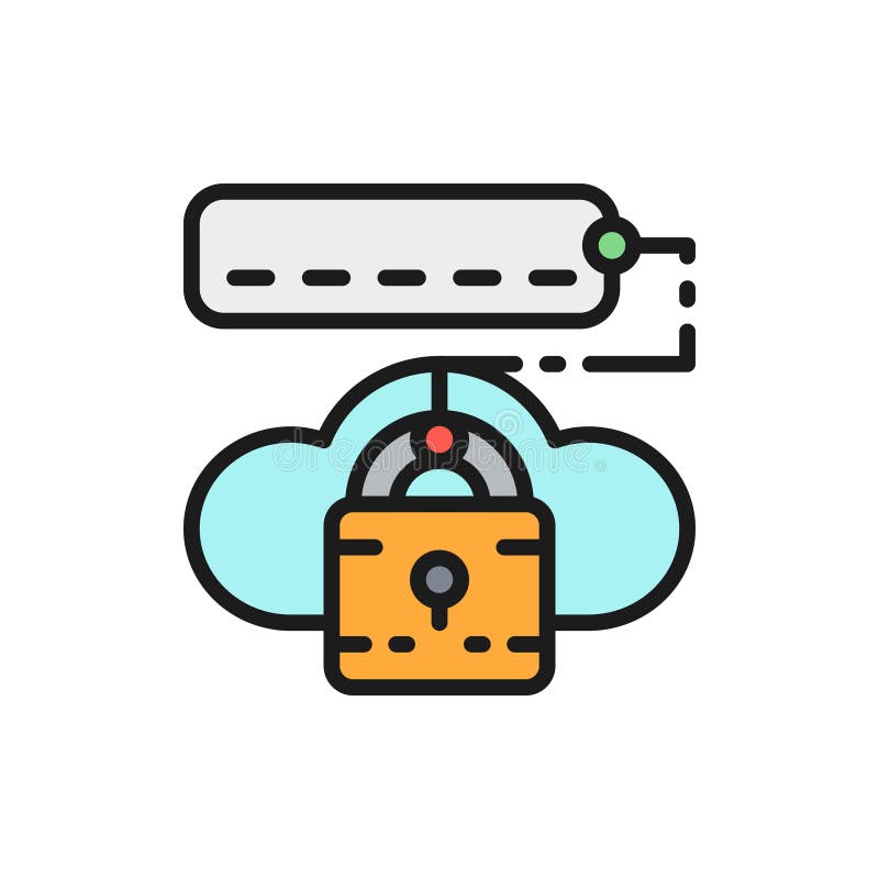 Blocco cloud con password protezione dati, icona a colori piatta. illustrazione vettoriale
