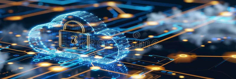 Blocco del cloud minimalista su città futuristica con linee di flusso di dati luminose in un'impostazione stilizzata illustrazione di stock