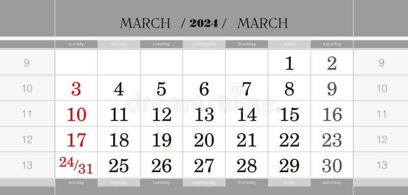 March 2024 quarterly calendar block. Wall calendar in English, week starts from Sunday. Vector Illustration. March 2024 quarterly calendar block. Wall calendar in English, week starts from Sunday. Vector Illustration