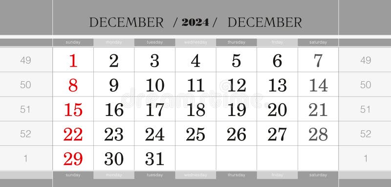 December 2024 quarterly calendar block. Wall calendar in English, week starts from Sunday. Vector Illustration. December 2024 quarterly calendar block. Wall calendar in English, week starts from Sunday. Vector Illustration