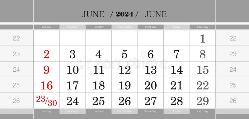 June 2024 quarterly calendar block. Wall calendar in English, week starts from Sunday. Vector Illustration. June 2024 quarterly calendar block. Wall calendar in English, week starts from Sunday. Vector Illustration