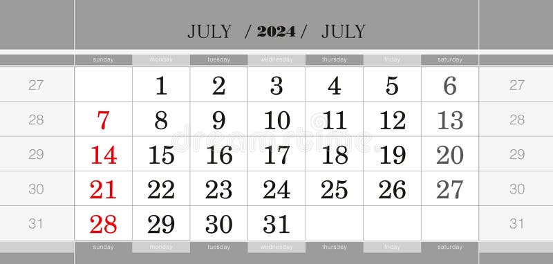 July 2024 quarterly calendar block. Wall calendar in English, week starts from Sunday. Vector Illustration. July 2024 quarterly calendar block. Wall calendar in English, week starts from Sunday. Vector Illustration