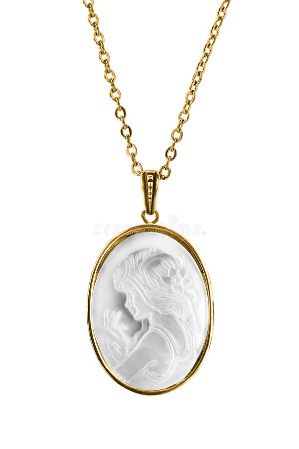 Vintage cameo locket hanging on gold chain isolated over white. Vintage cameo locket hanging on gold chain isolated over white