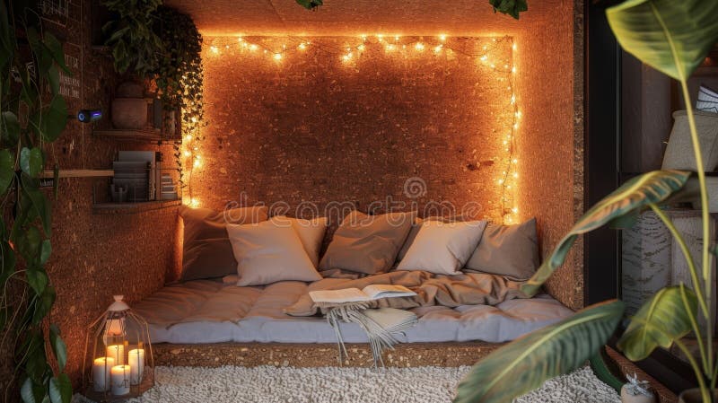 Blocco di lettura comodo con parete di sughero e LED eco-compatibili per ambienti rilassati immagini stock libere da diritti
